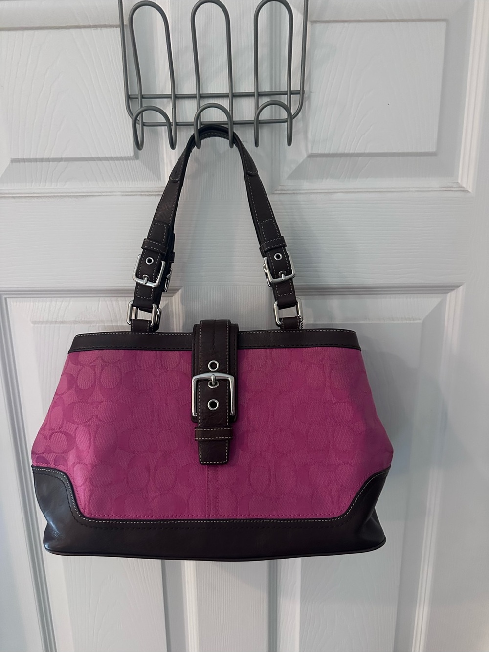 Coach Pink Signature Canvas Shoulder Bag with Brown Leather Trim